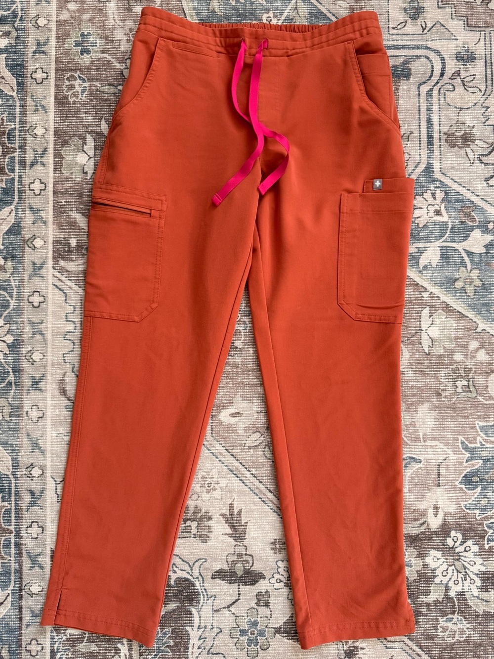 Figs Straight Leg Scrub Pants in Rust with Pink Drawstring